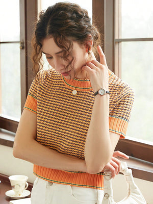 Striped Pattern Knit Top (Orange)