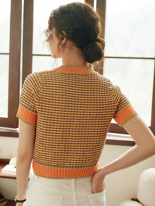 Striped Pattern Knit Top (Orange)