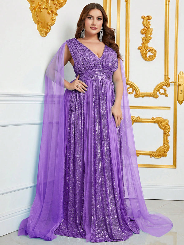 Women's Plus Size Plunging Neck Cloak Sleeve Sequin Formal Dress (Purple)