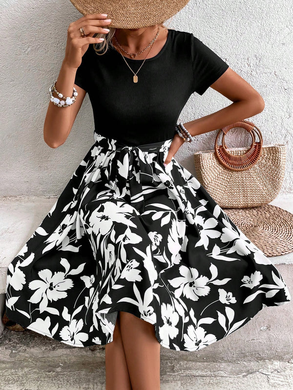 LUNE Floral Print Belted Dress (Black and White)