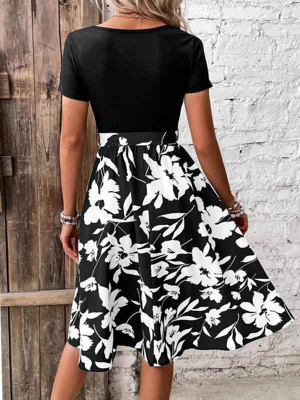 LUNE Floral Print Belted Dress (Black and White)