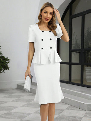 Double Breasted Peplum Dress (White)