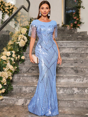 Fringe Trim Mermaid Hem Sequin Formal Dress (Blue)