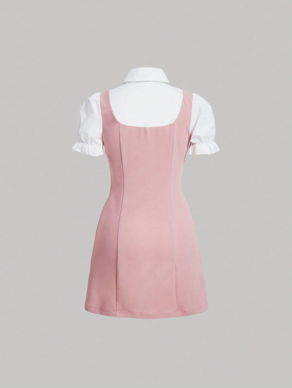 MOD Women's Double Breasted 2 In 1 Short Sleeve Dress (Baby Pink-2)