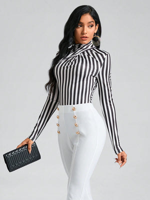 Clasi Striped Print Mock Neck Slim Fit Bodysuit (Black and White)