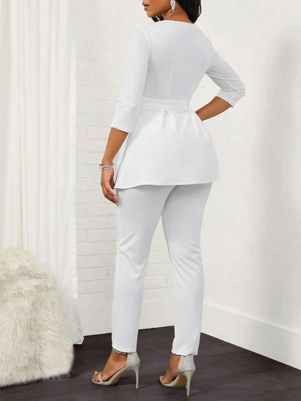 Lady Ladies' Solid Color Sweetheart Neck Two Piece Set (White)