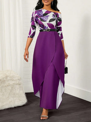 Lady Leaves Print Asymmetrical Neck Overlay Hem Jumpsuit Without Belt (Violet Purple)