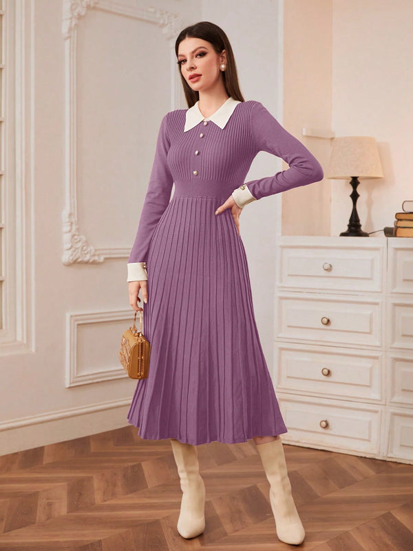 Modely Contrast Collar Pleated Sweater Dress (Purple)