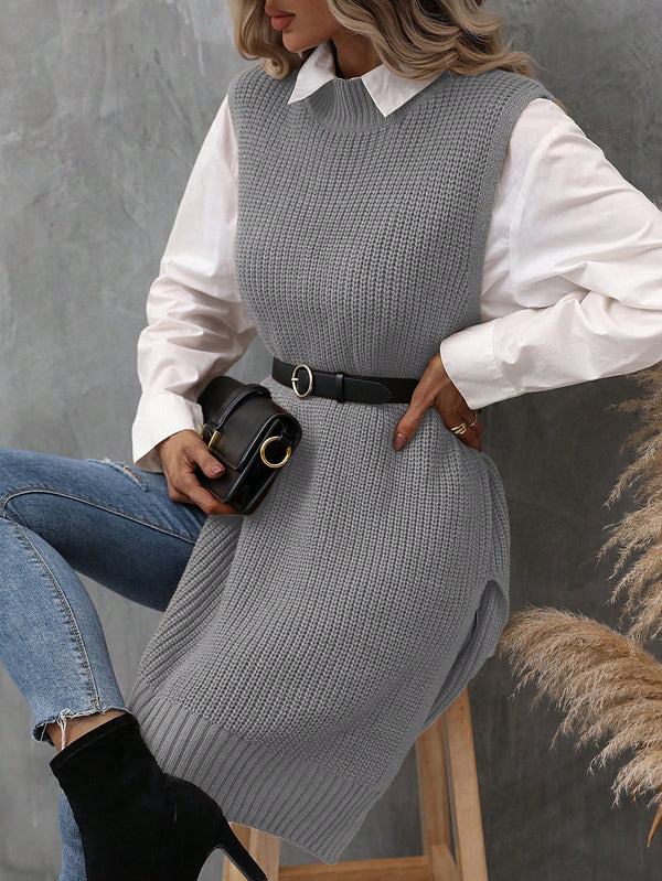 LUNE Women's Side Split Knitted Sweater Vest (Grey)