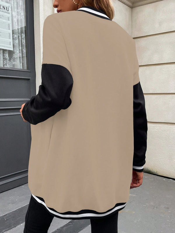 EZwear Letter Patched Colorblock Drop Shoulder Varsity Jacket (Khaki)