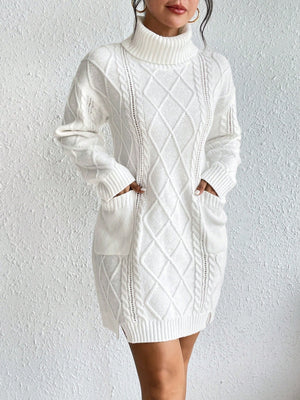 Turtleneck Dual Pocket Cable Knit Drop Shoulder Sweater Dress (White)