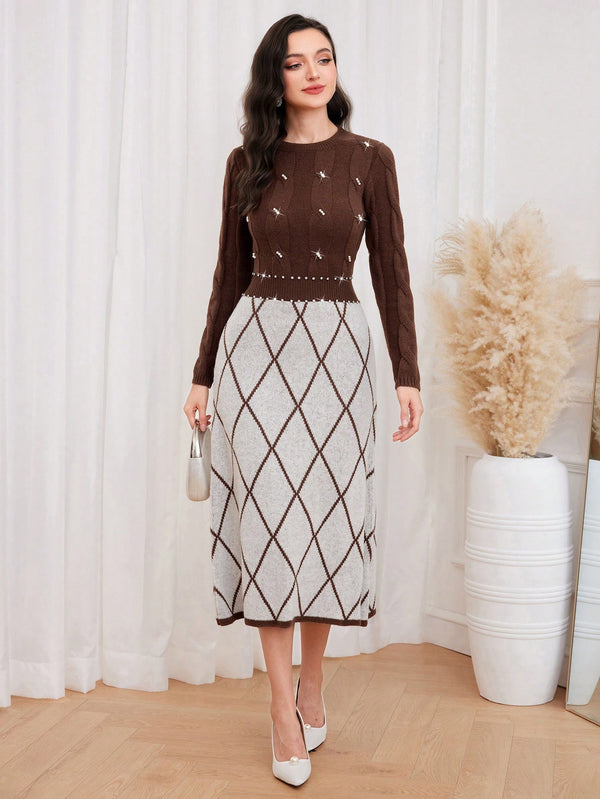 Modely Argyle Pattern Pearls Beaded Sweater Dress (Coffee Brown)