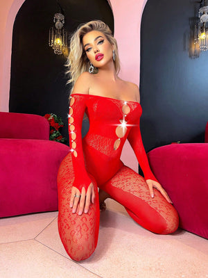 Rhinestone Studded Cut Out Bardot Body Stocking Lingerie (Red)