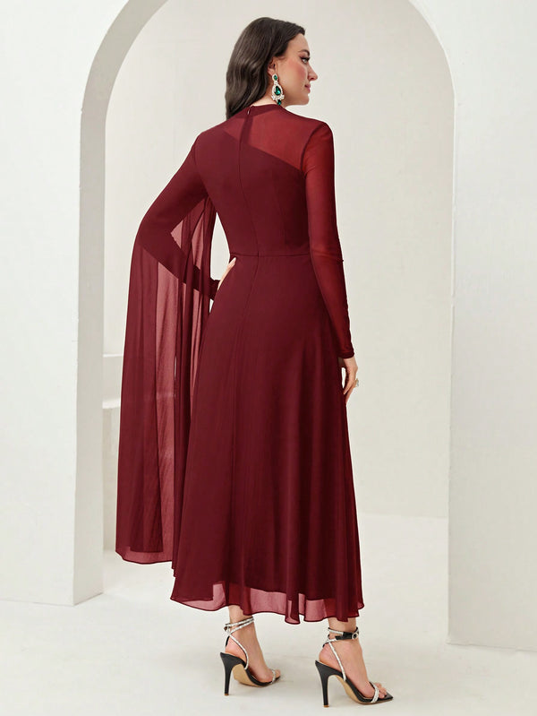 Modely Contrast Mesh Ruched Dress With Sleeves Dress (Burgundy)