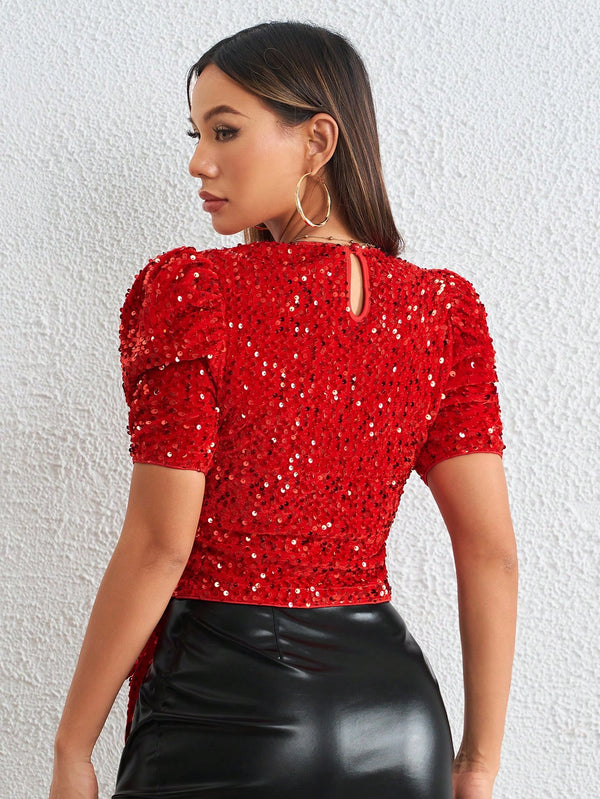 Privé Women's Sparkly Lace-Up Cropped Shirt (Red)