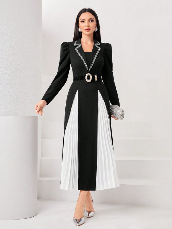 Modely Two Tone Rhinestone Detail Puff Sleeve Pleated Hem Dress Without Belt (Black and White)