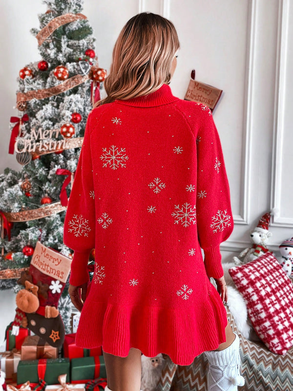 Snowflake Pattern Turtleneck Sweater Dress (Red)