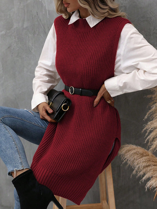 LUNE Women's Side Split Knitted Sweater Vest (Burgundy)