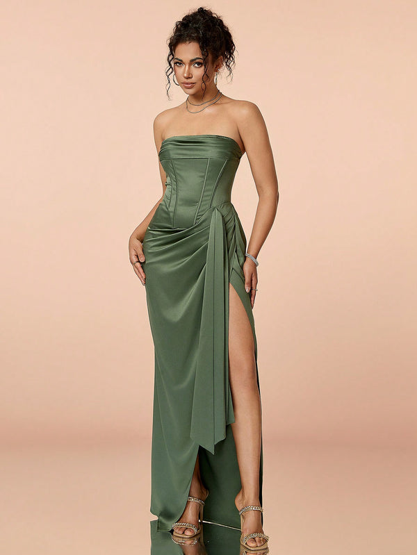 Ruched Split Thigh Satin Tube Prom Dress (Army Green)