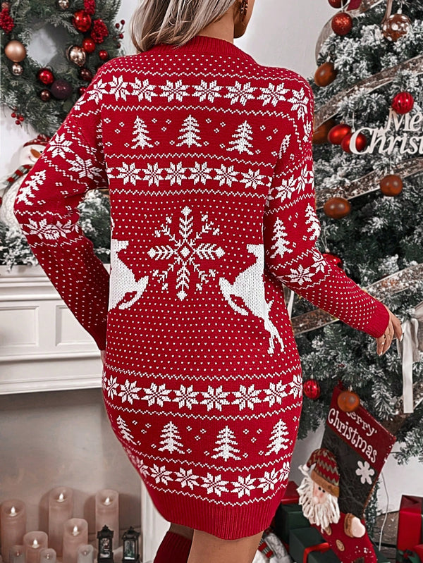 Christmas Pattern Drop Shoulder Sweater Dress (Red)