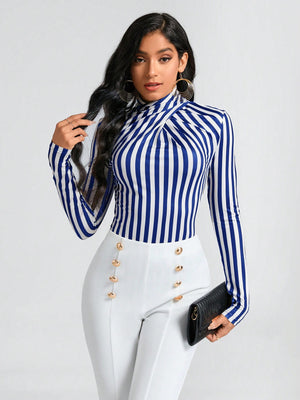 Clasi Striped Print Mock Neck Slim Fit Bodysuit (Bllue and White)