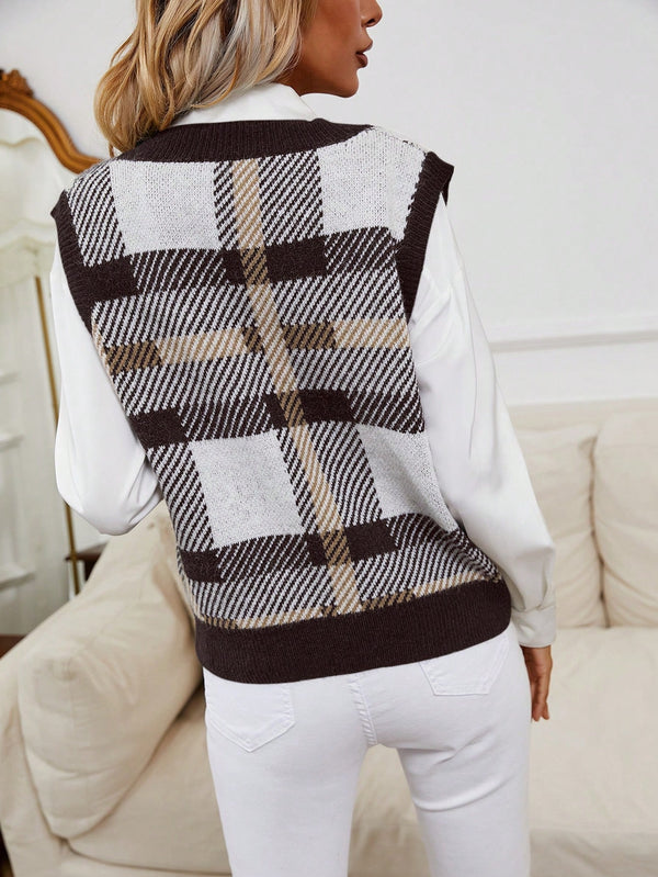 Frenchy Plaid Pattern Sweater Vest (Coffee Brown)