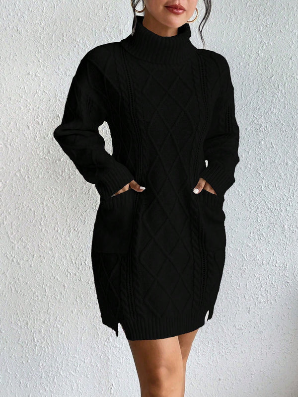 Turtleneck Dual Pocket Cable Knit Drop Shoulder Sweater Dress (Black)