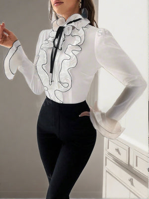 Privé Contrast Ruffle Trim Flounce Sleeve Tie Front Shirt (White)
