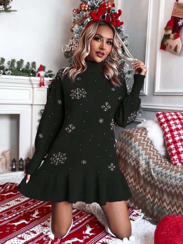 Snowflake Pattern Turtleneck Sweater Dress (Black)