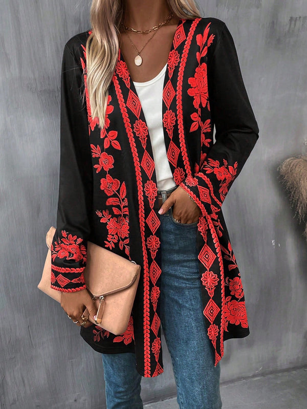 LUNE Floral Print Open Front Coat (Red)