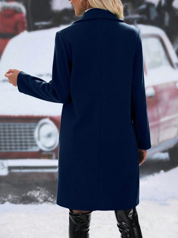 Frenchy Lapel Neck Double Breasted Overcoat (Navy Blue)