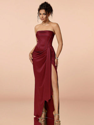 Ruched Split Thigh Satin Tube Prom Dress (Burgundy)