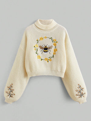 Fairycore Bee Embroidered Drop Shoulder Half Turtleneck Women's Sweater (Apricot)