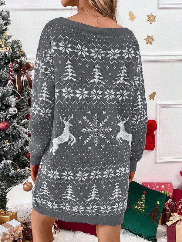 Women's Reindeer Geometric Pattern Sweater Dress (Grey)