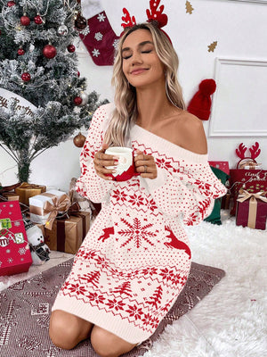 Women's Reindeer Geometric Pattern Sweater Dress (White)