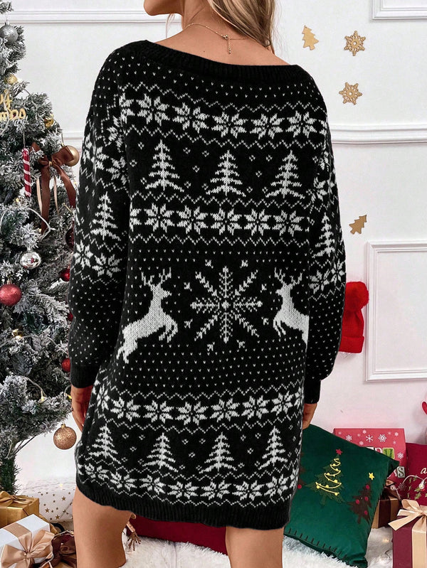 Women's Reindeer Geometric Pattern Sweater Dress (Black)
