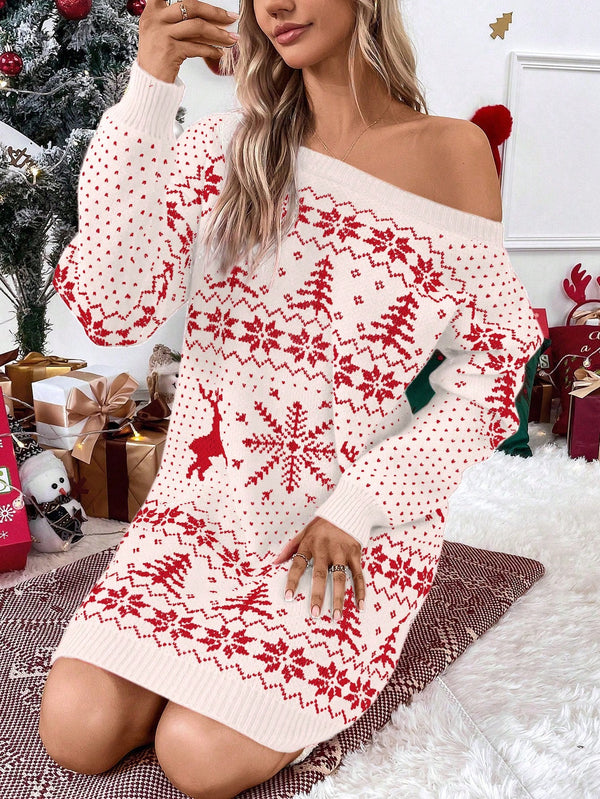Women's Reindeer Geometric Pattern Sweater Dress (White)