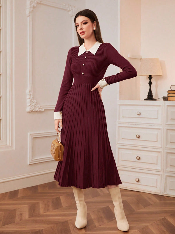 Modely Contrast Collar Pleated Sweater Dress (Burgundy)