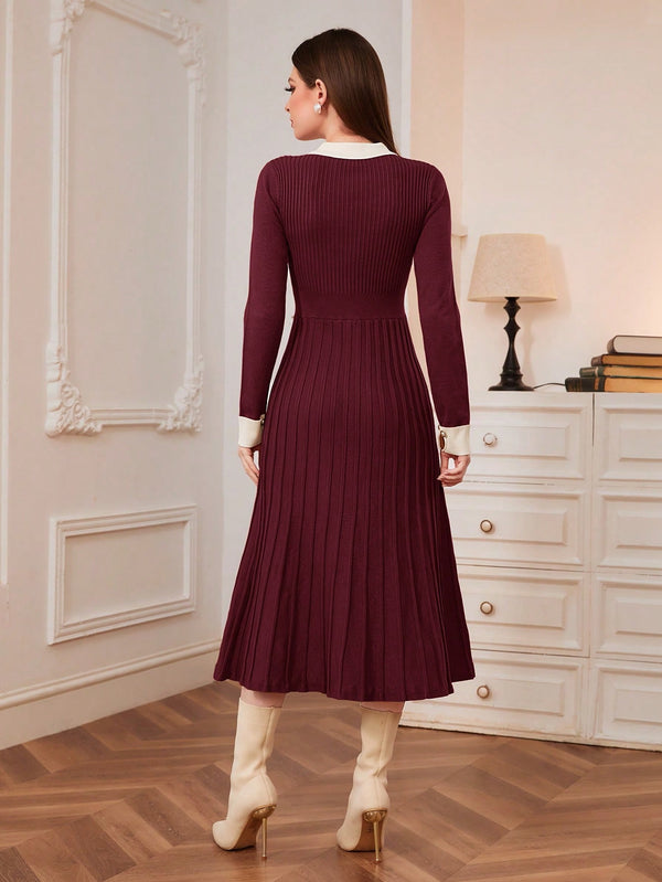 Modely Contrast Collar Pleated Sweater Dress (Burgundy)