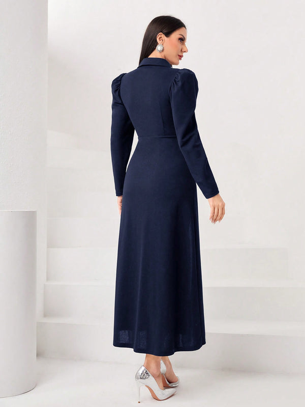 Modely Two Tone Rhinestone Detail Puff Sleeve Pleated Hem Dress Without Belt (Navy Blue)
