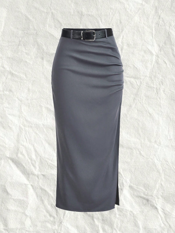 EZwear Woven Women's Belted Long Suit Skirt (Dark Grey)