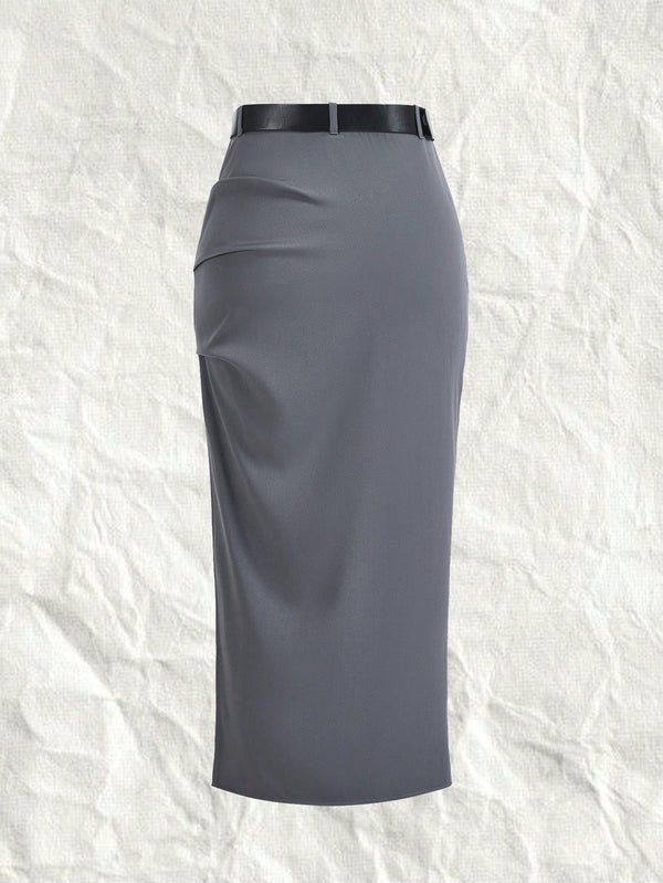 EZwear Woven Women's Belted Long Suit Skirt (Dark Grey)