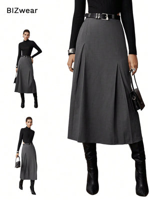 BIZwear Women's Pleated Skirt (Dark Grey)