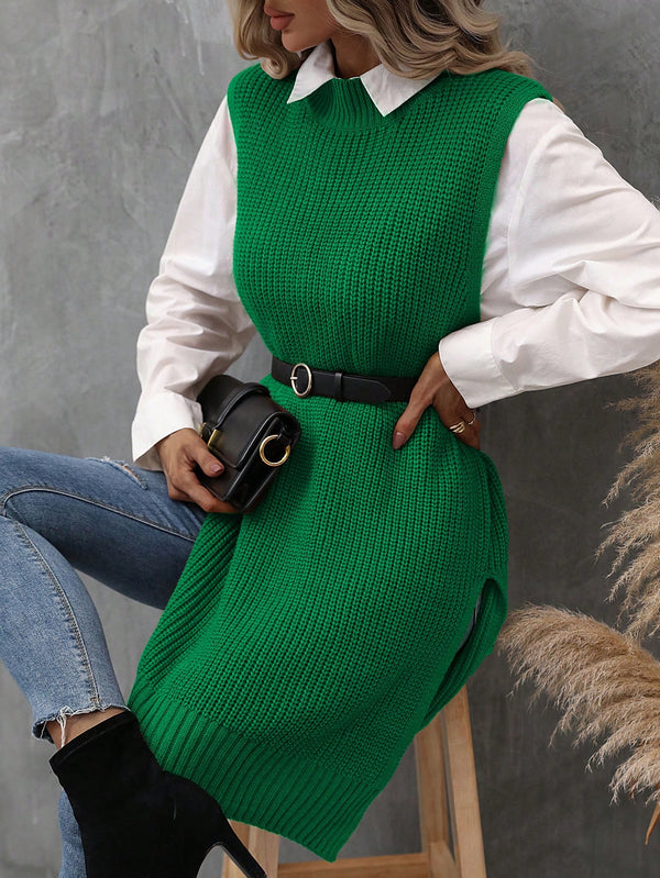 LUNE Women's Side Split Knitted Sweater Vest (Green)