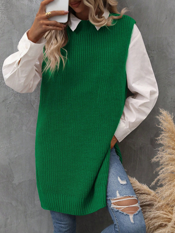 LUNE Women's Side Split Knitted Sweater Vest (Green)