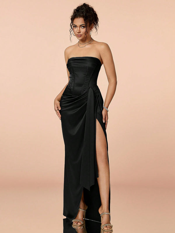 Ruched Split Thigh Satin Tube Prom Dress (Black)