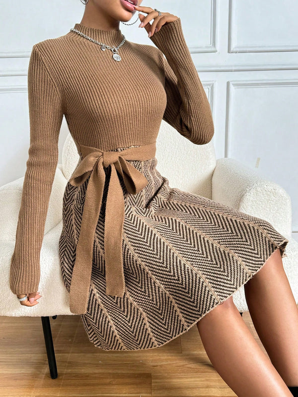 Privé Colorblock Herringbone Pattern Stand Collar Ribbed Knit Sweater Dress (Khaki)
