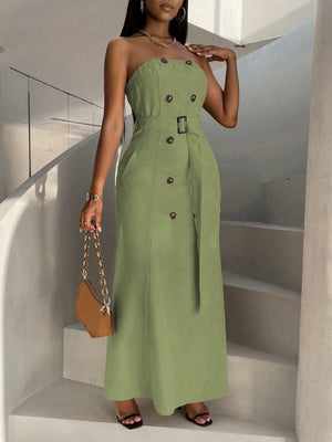 Women's Double-breasted Strapless Dress With Waist Belt (Olive Green)