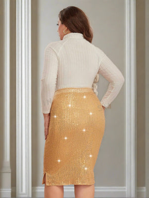 Clasi Plus Size High Waisted Sequined Pencil Skirt (Gold)