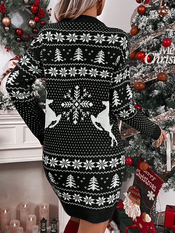 Christmas Pattern Drop Shoulder Sweater Dress (Black)